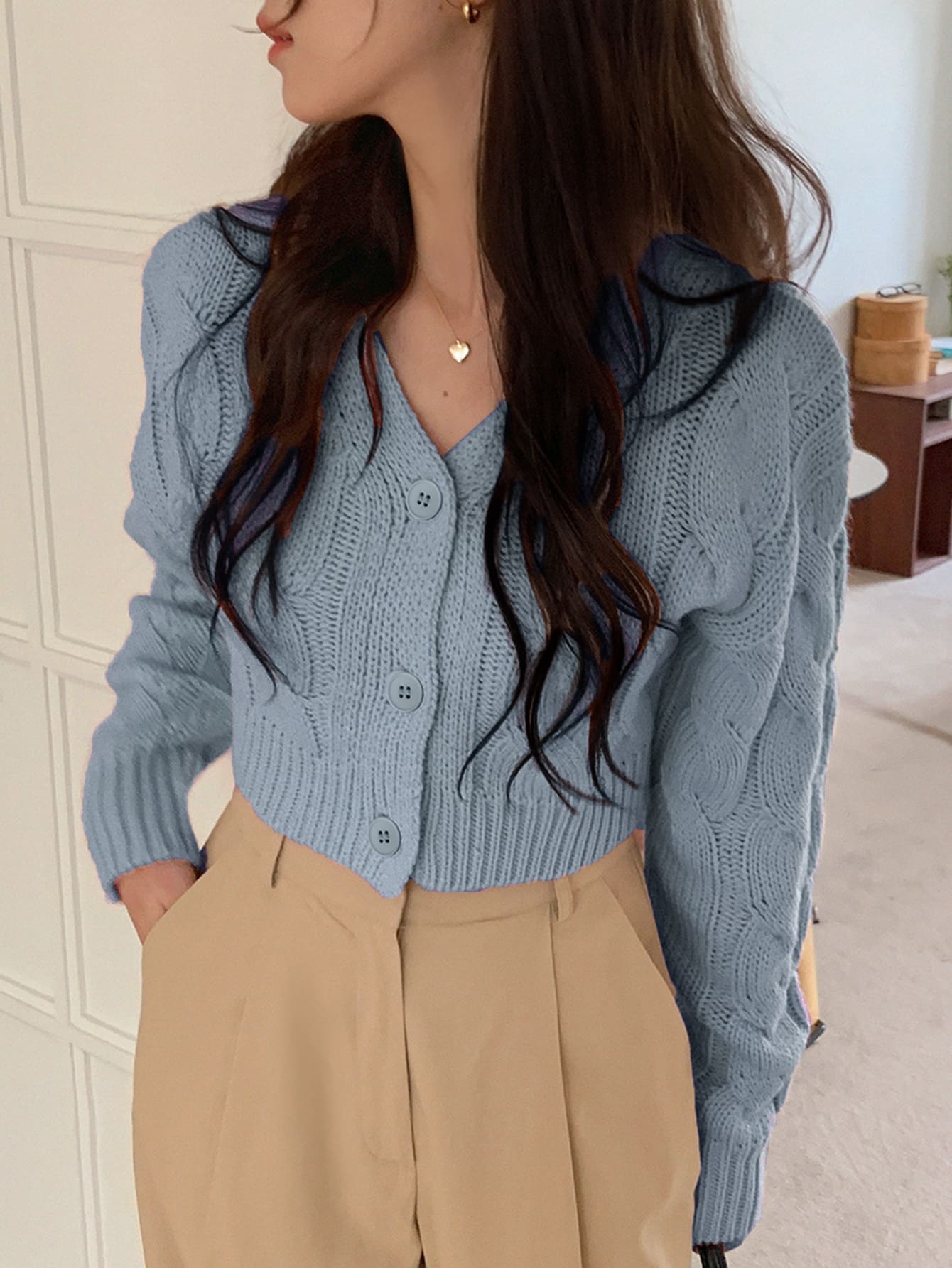 DAZY 順肩針織牛仔扣針織開襟毛衣 - 霧霾藍 - 查看 1