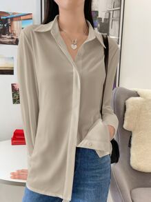 DAZY Solid Curved Hem Shirt - Beige - View 1