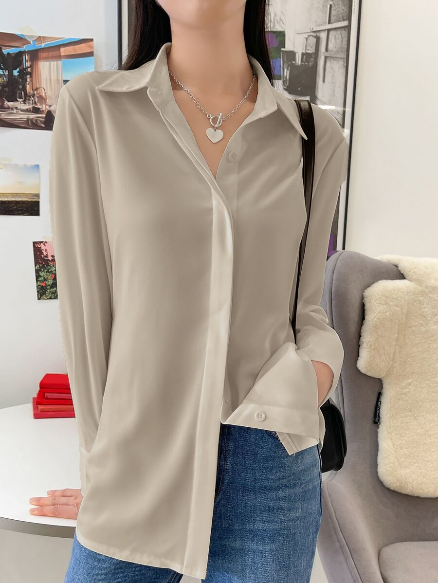 DAZY Solid Curved Hem Shirt - Beige - View 1