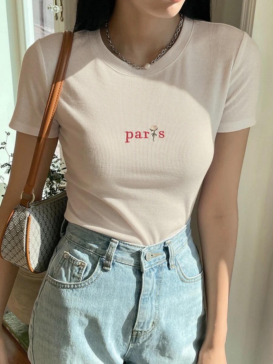 DAZY Camiseta con letra con con bordado floral tejido de canalé - Beis - Ver 1