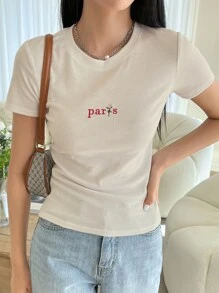 DAZY Letter And Floral Embroidery Rib-knit Tee - Beige - View 3