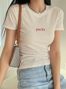 DAZY Letter And Floral Embroidery Rib-knit Tee - Beige - View 5
