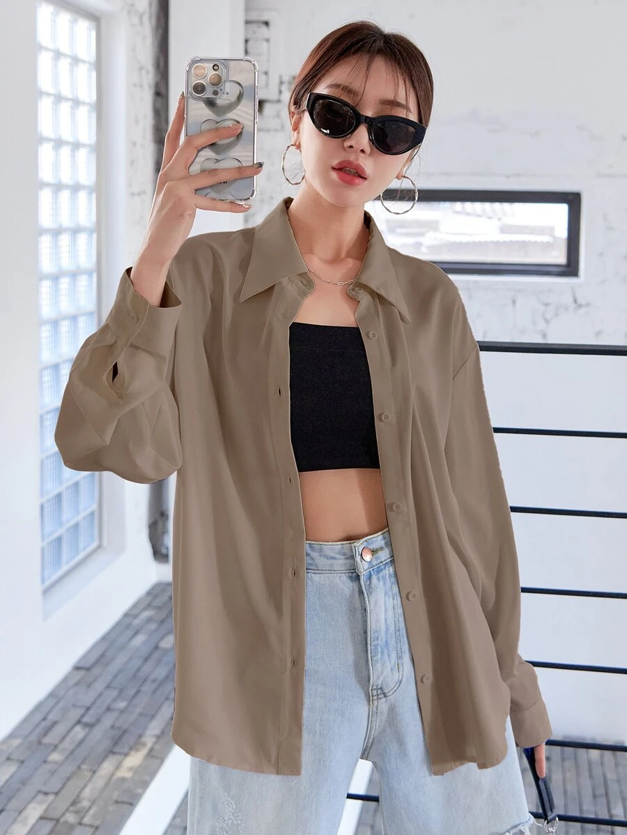 釦扣式落肩衬衫 - 咖啡棕 - 查看 1