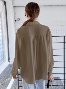 釦扣式落肩衬衫 - 咖啡棕 - 查看 2