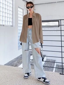 釦扣式落肩衬衫 - 咖啡棕 - 查看 3