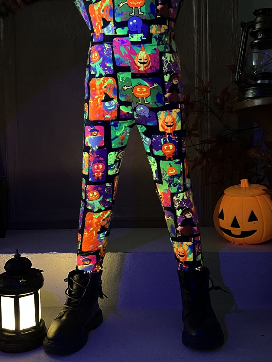 SHEIN 小女童反光萬聖印花緊身打底褲 - 彩色 - 查看 1