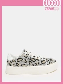 Cuccoo Leopard Lace-up Front Knit Sneakers - Beige - View 1