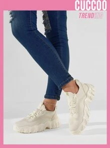 Cuccoo Patch Detail Lace-up Front Chunky Sneakers - Apricot - View 1