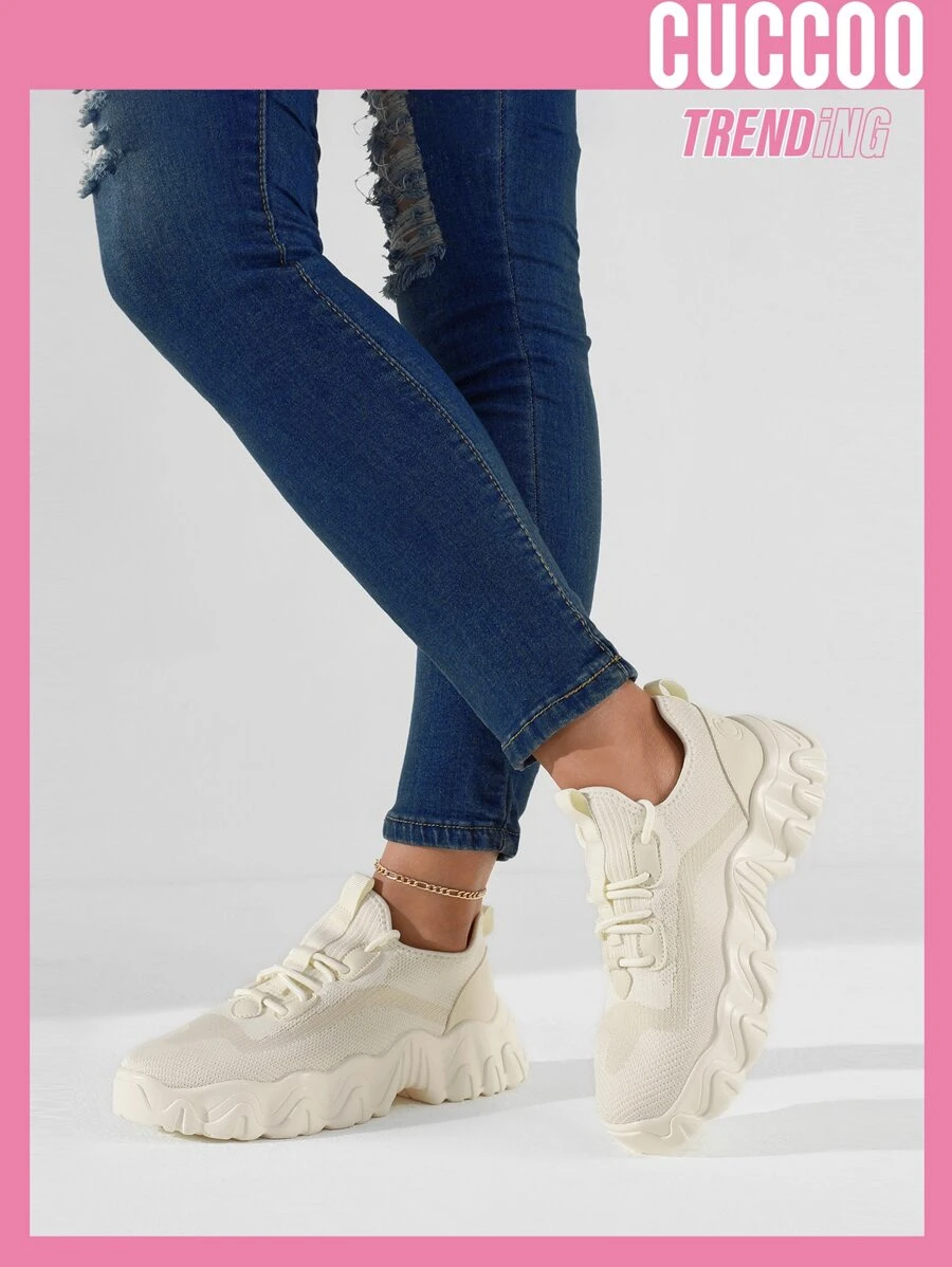 Cuccoo Patch Detail Lace-up Front Chunky Sneakers - Apricot - View 1