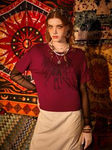 ROMWE 二合一網紗拼接骷髏和翅膀圖案T恤 - 紅色 - 查看 1