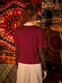 ROMWE 二合一網紗拼接骷髏和翅膀圖案T恤 - 紅色 - 查看 2