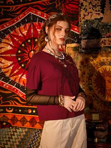 ROMWE 二合一網紗拼接骷髏和翅膀圖案T恤 - 紅色 - 查看 4