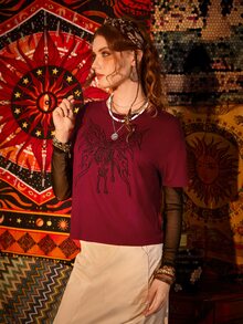 ROMWE 二合一網紗拼接骷髏和翅膀圖案T恤 - 紅色 - 查看 5