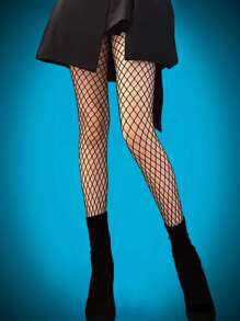 ROMWE 素色漁網褲襪 - 黑色 - 查看 1