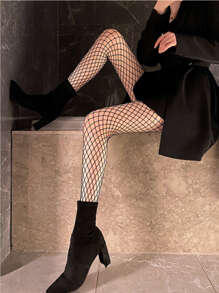 ROMWE 素色漁網褲襪 - 黑色 - 查看 3