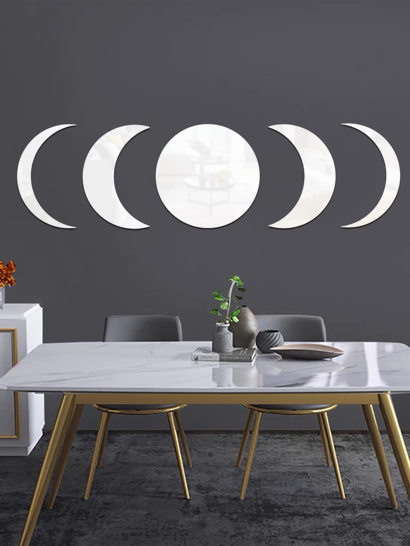 5 件月相变化镜面墙贴，适用于卧室、客厅装饰 - 銀色 - 查看 1