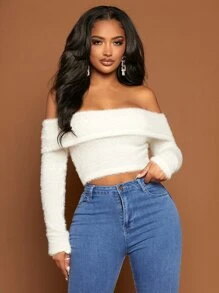 SHEIN SXY 一字肩毛茸茸短款上衣 - 白色 - 查看 1