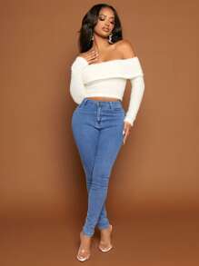 SHEIN SXY 一字肩毛茸茸短款上衣 - 白色 - 查看 3