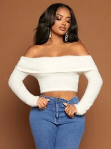 SHEIN SXY 一字肩毛茸茸短款上衣 - 白色 - 查看 4