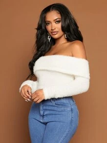 SHEIN SXY 一字肩毛茸茸短款上衣 - 白色 - 查看 5