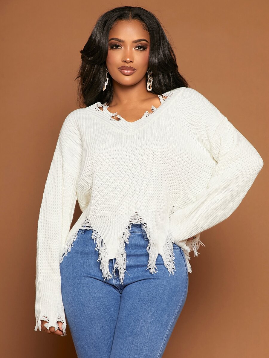 SHEIN SXY Distressed Trim Drop Shoulder Jumper - White - View 1