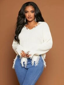 SHEIN SXY Distressed Trim Drop Shoulder Jumper - White - View 5