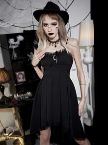 Bow Front Contrast Lace Cami Dress - Black - View 4