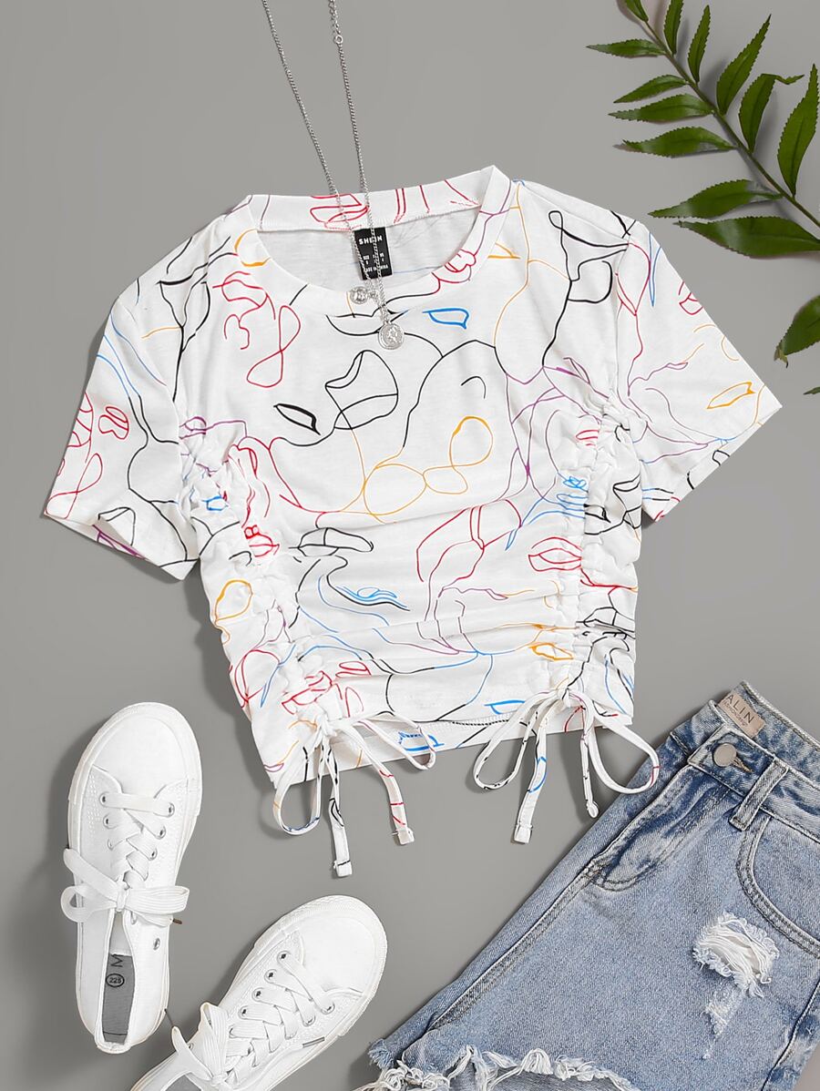 Elamini Abstract Figure Graphic Drawstring Front Tee Graphic Tees Women Tops - Multicolor - View 1