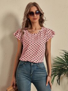 SHEIN LUNE Women Blouses Memotong Ruffle Polka Dot Casual - Berwarna merah muda - View 3