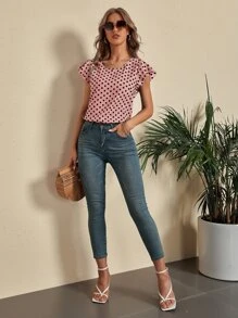 SHEIN LUNE Women Blouses Memotong Ruffle Polka Dot Casual - Berwarna merah muda - View 4