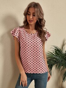 SHEIN LUNE Women Blouses Memotong Ruffle Polka Dot Casual - Berwarna merah muda - View 5