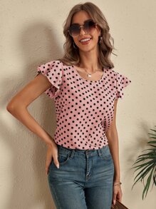 SHEIN LUNE Women Blouses Memotong Ruffle Polka Dot Casual - Berwarna merah muda - View 6