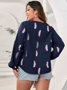 SHEIN LUNE Áo sơ mi Plus Size Tương phản ren Bộ lạc Giải trí - Màu xanh hải quân - Xem 2