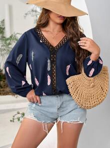 SHEIN LUNE Áo sơ mi Plus Size Tương phản ren Bộ lạc Giải trí - Màu xanh hải quân - Xem 3