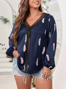 SHEIN LUNE Áo sơ mi Plus Size Tương phản ren Bộ lạc Giải trí - Màu xanh hải quân - Xem 6