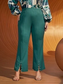 SHEIN Plus Pearls Beaded Split Hem Trousers - Green - View 2