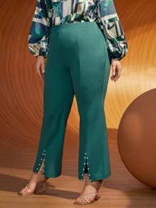 SHEIN Plus Pearls Beaded Split Hem Trousers - Green - View 5