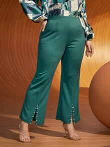 SHEIN Plus Pearls Beaded Split Hem Trousers - Green - View 7