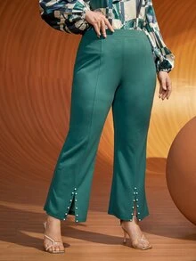 SHEIN Plus Pearls Beaded Split Hem Trousers - Green - View 8