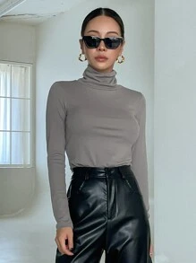 DAZY Áo thun nữ màu trơn Giải trí - Màu xám đen - Xem 3