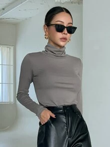 DAZY Áo thun nữ màu trơn Giải trí - Màu xám đen - Xem 7