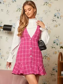 SHEIN Privé 前紐扣荷葉邊粗花呢連衣裙 - 玫紅色 - 查看 1