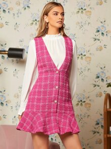 SHEIN Privé 前紐扣荷葉邊粗花呢連衣裙 - 玫紅色 - 查看 3