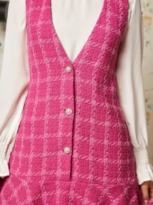 SHEIN Privé 前紐扣荷葉邊粗花呢連衣裙 - 玫紅色 - 查看 8