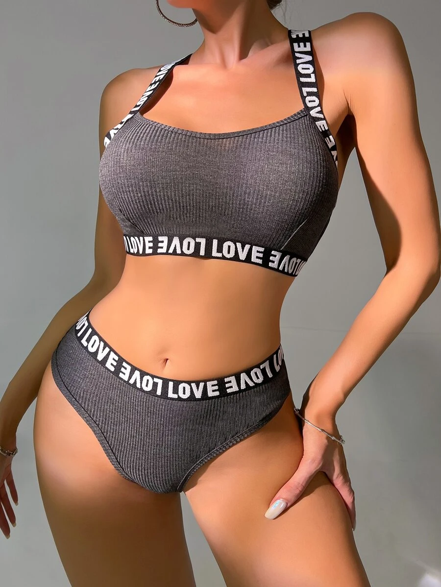 Letter Tape Rib Lingerie Set Sports - Grey - View 1