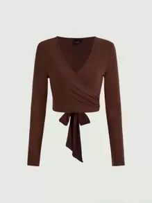 SHEIN MOD Casual Solid Cross Wrap Tie Back Crop Top - Chocolate Brown - View 1