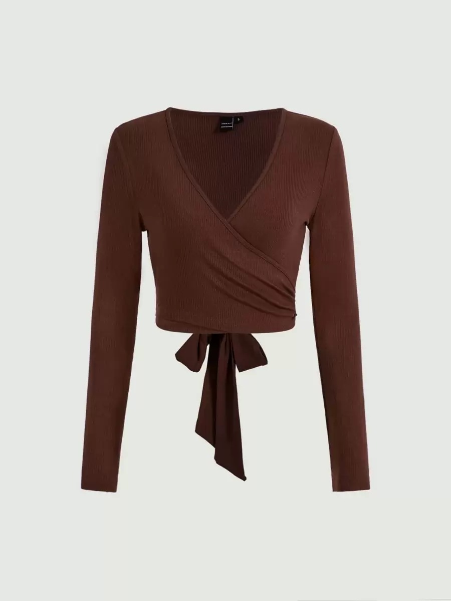 SHEIN MOD Casual Solid Cross Wrap Tie Back Crop Top - Chocolate Brown - View 1