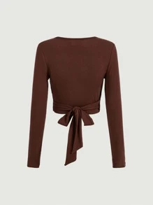 SHEIN MOD Casual Solid Cross Wrap Tie Back Crop Top - Chocolate Brown - View 5