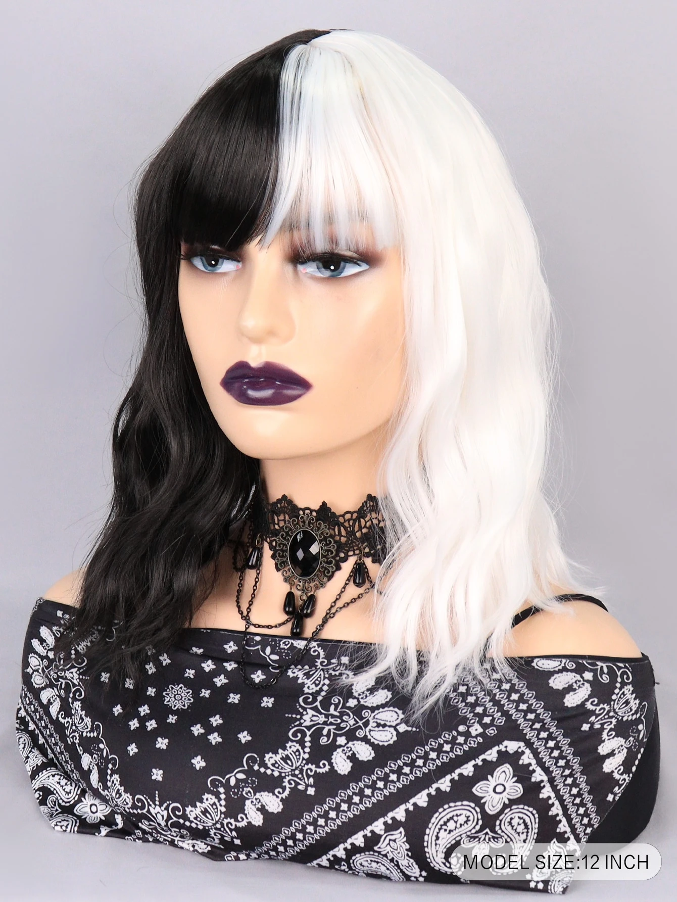 Miniatura 2 de Peluca sintética cosplay de dos tonos medio rizado con tupe Blanco y Negro
