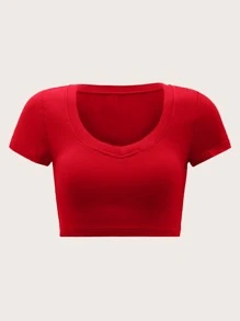 SHEIN EZwear Mùa hè Chất rắn Sáng Đỏ  Cổ chữ V Mùa vụ Thon gọn Tay áo ngắn Áo thun - Đỏ - Xem 1